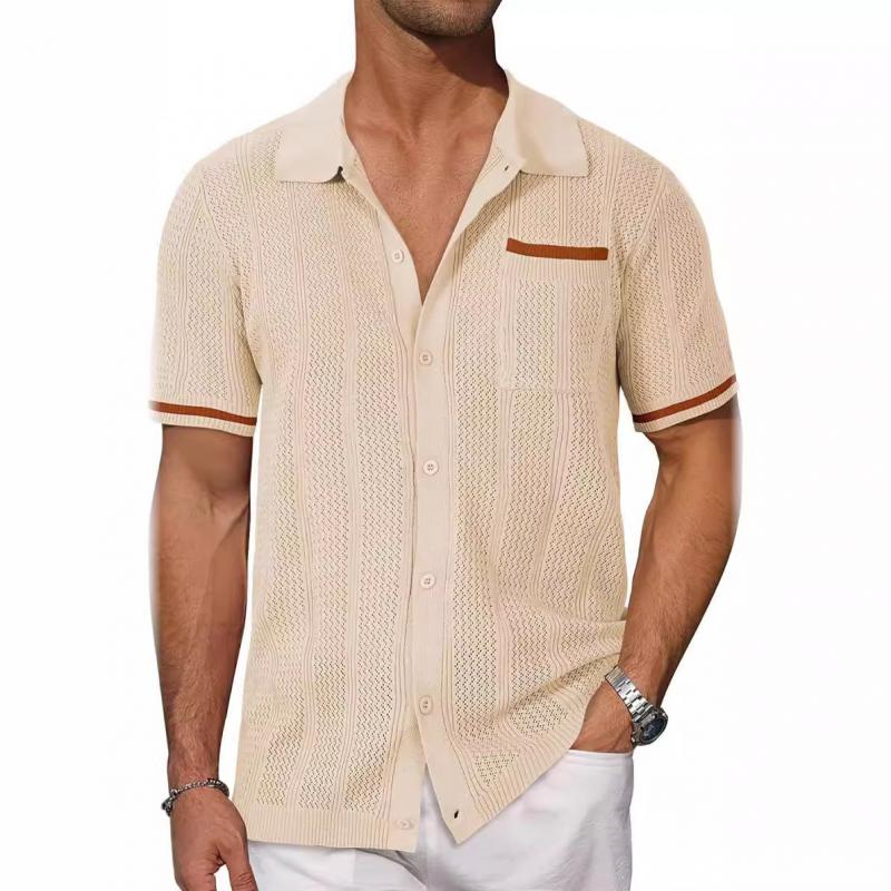 Men's Casual Color Block Lapel Hollow Knitted Short-Sleeved Cardigan 92661052M