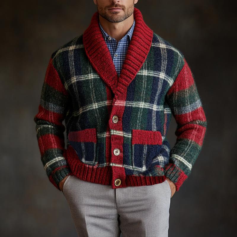 Men's Retro Christmas Colorful Plaid Lapel Single-breasted Knit Cardigan