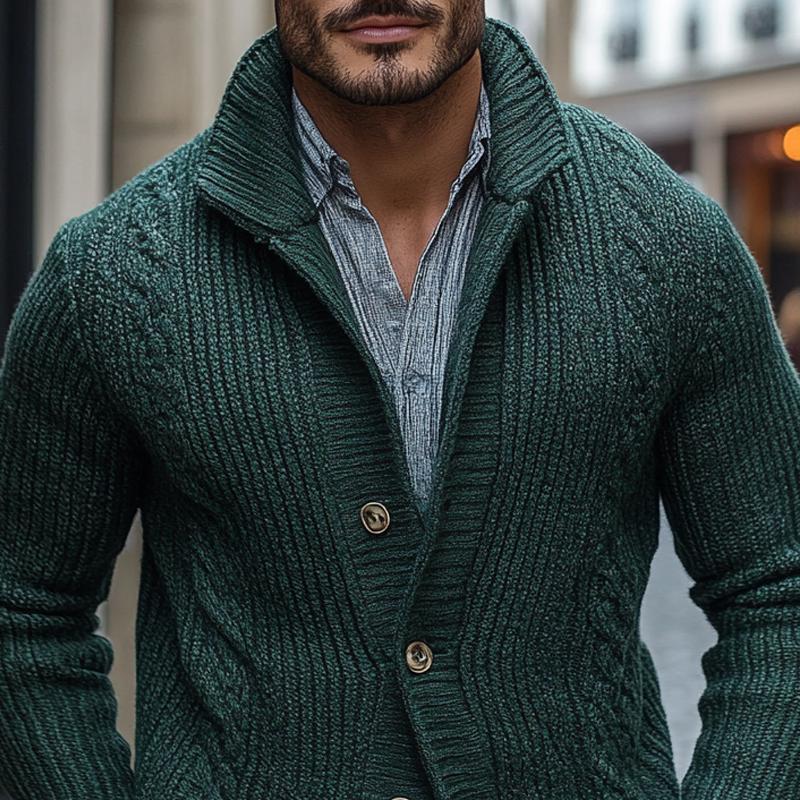 Men's Solid Color Knit Cable Stand Collar Single Breasted Cardigan