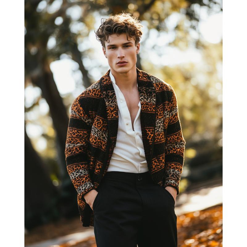 Men's Vintage Leopard Stripe Jacquard Patchwork Lapel Knitted Cardigan