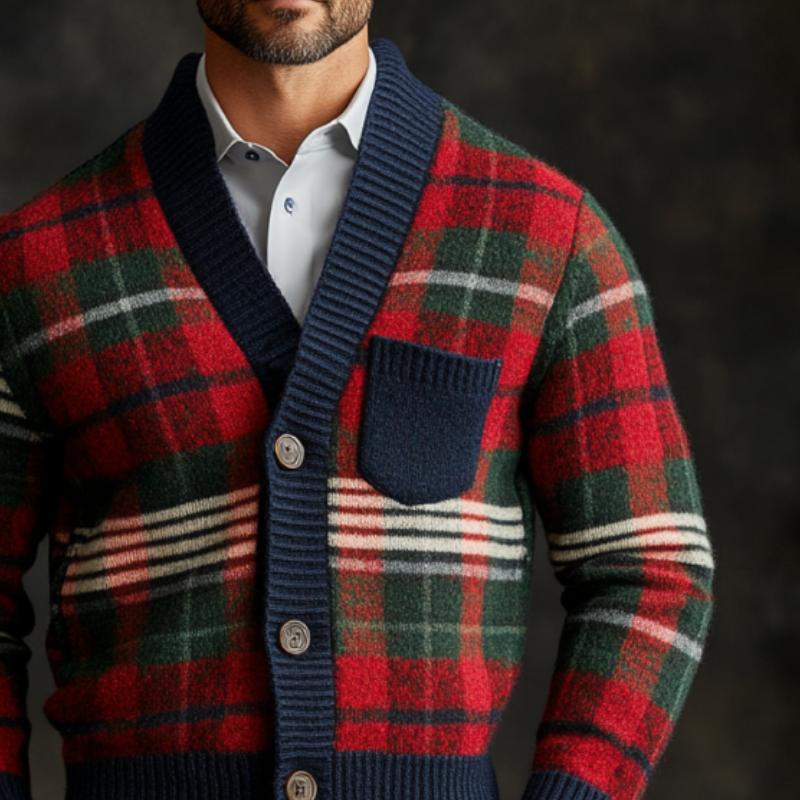 Men's Retro Christmas Colorful Plaid V-neck Chest Pocket Knit Cardigan