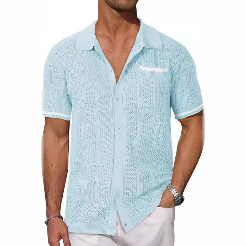 Men's Casual Color Block Lapel Hollow Knitted Short-Sleeved Cardigan 92661052M