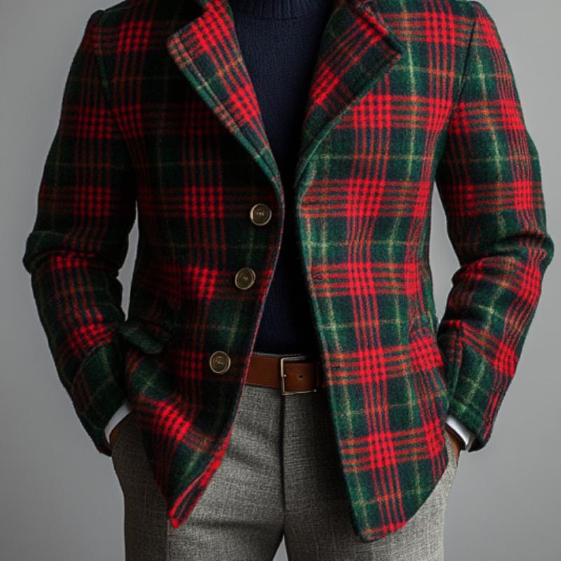 Men's Vintage Christmas Colorblock Plaid Print Tweed Lapel Single-Breasted Blazer 03792919Y