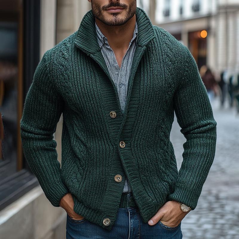 Men's Solid Color Knit Cable Stand Collar Single Breasted Cardigan