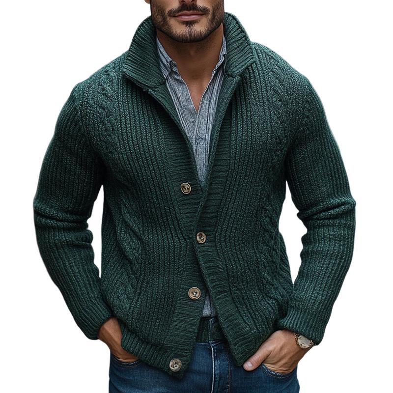 Men's Solid Color Knit Cable Stand Collar Single B...