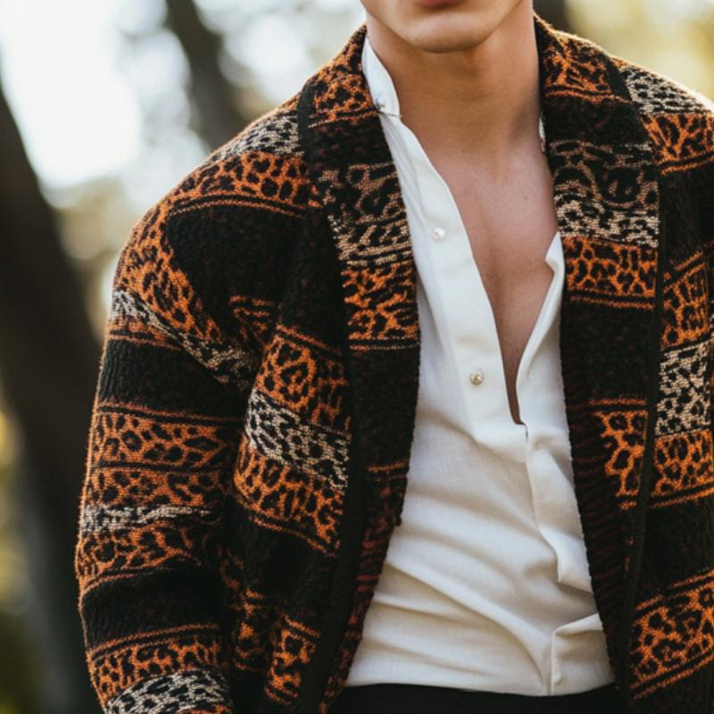 Men's Vintage Leopard Stripe Jacquard Patchwork Lapel Knitted Cardigan