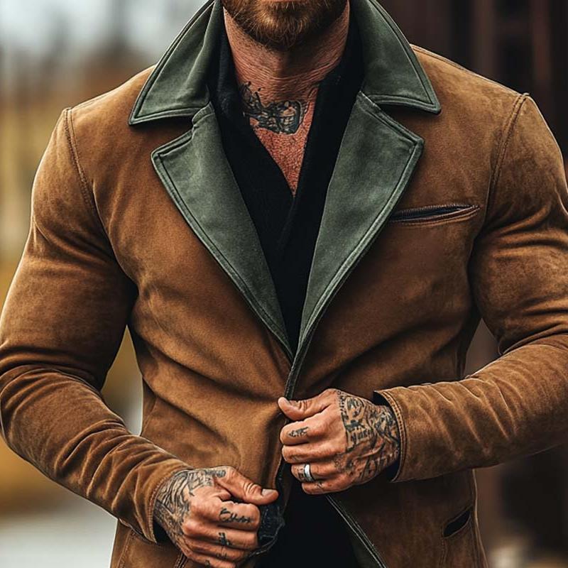 Men's Colorblock Suede Notch Lapel Multi-pocket Single Breasted Blazer Jacket