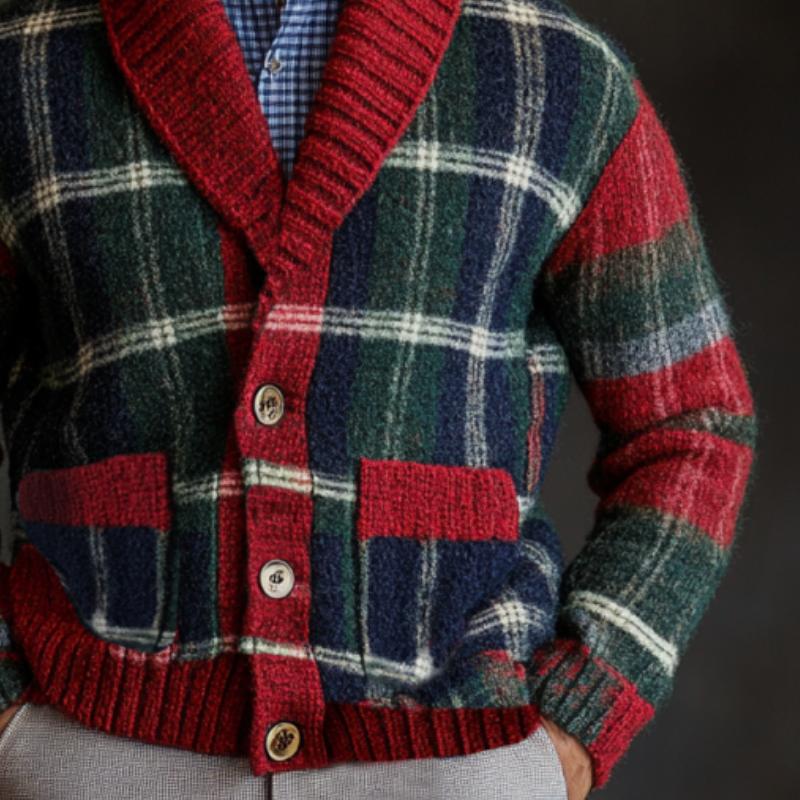 Men's Retro Christmas Colorful Plaid Lapel Single-breasted Knit Cardigan